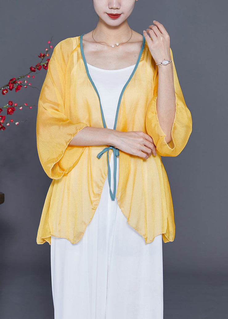 Chic Yellow Lace Up Hollow Out Chiffon Blouses Bracelet Sleeve