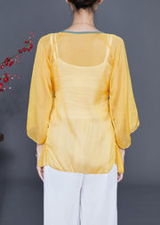 Chic Yellow Lace Up Hollow Out Chiffon Blouses Bracelet Sleeve