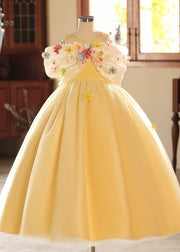 Chic Yellow O-Neck Floral Tulle Kids Long Dresses Summer