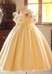 Chic Yellow O-Neck Floral Tulle Kids Long Dresses Summer