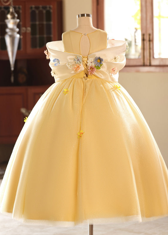 Chic Yellow O-Neck Floral Tulle Kids Long Dresses Summer