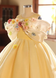 Chic Yellow O-Neck Floral Tulle Kids Long Dresses Summer