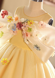 Chic Yellow O-Neck Floral Tulle Kids Long Dresses Summer