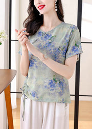 Chic Yellow O Neck Print Drawstring Cotton Shirt Summer