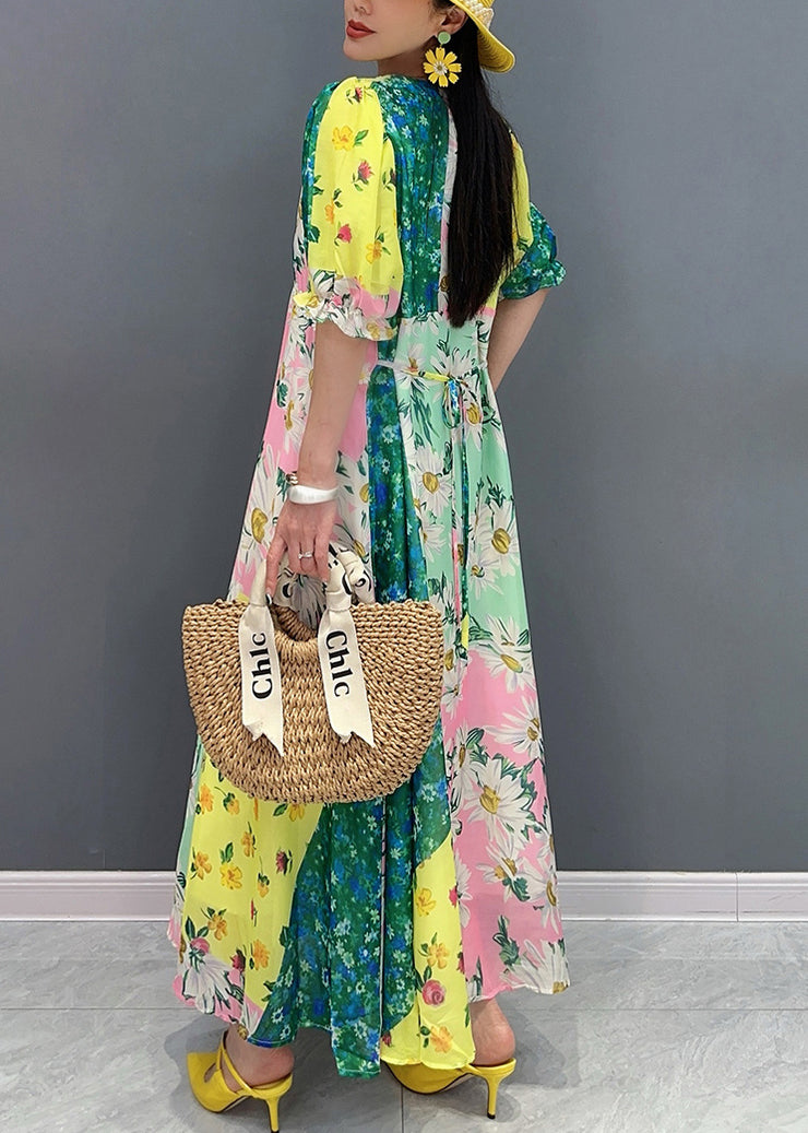 Chic Yellow O-Neck Print Patchwork Cotton Long Dress Summer