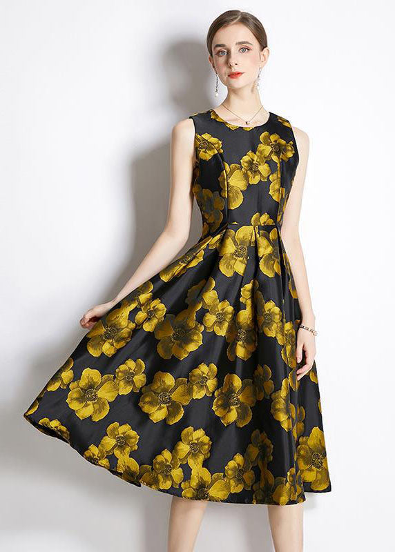 Chic Yellow O-Neck Print Silk A Line Dress Sleeveless