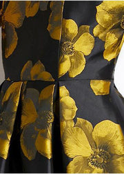 Chic Yellow O-Neck Print Silk A Line Dress Sleeveless