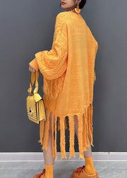 Chic Yellow O-Neck Tassel Knit Long Dresses Fall