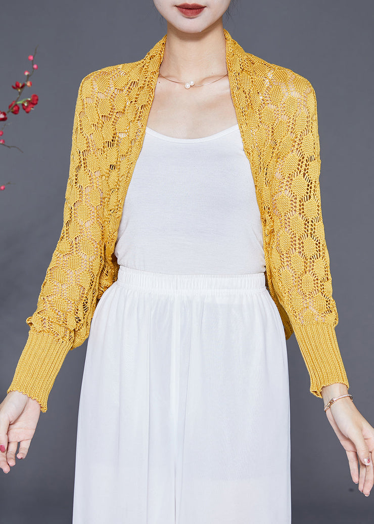 Chic Yellow Oversized Hollow Out Knit Cardigan Fall