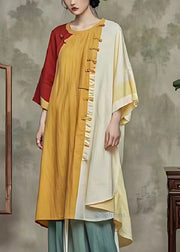 Chic Yellow Oversized Patchwork Linen Shirt Dress Summer
