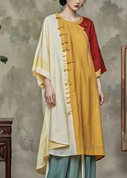 Chic Yellow Oversized Patchwork Linen Shirt Dress Summer