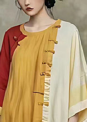 Chic Yellow Oversized Patchwork Linen Shirt Dress Summer