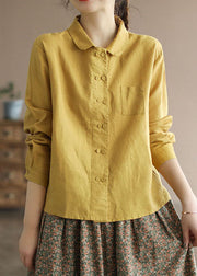 Chic Yellow Peter Pan Collar Button Patchwork Linen Shirts Tops Spring