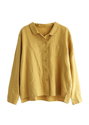 Chic Yellow Peter Pan Collar Button Patchwork Linen Shirts Tops Spring