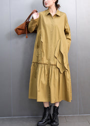 Chic Yellow Peter Pan Collar Pockets Long Shirts Dresses Spring