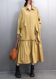 Chic Yellow Peter Pan Collar Pockets Long Shirts Dresses Spring