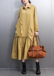 Chic Yellow Peter Pan Collar Pockets Long Shirts Dresses Spring