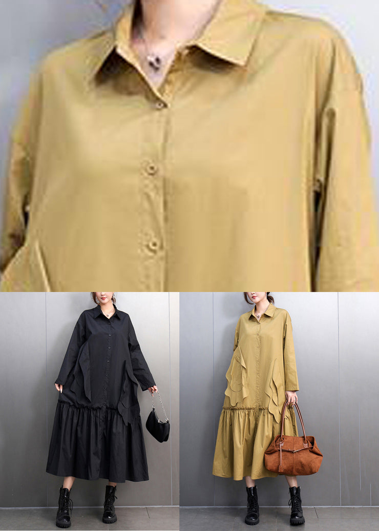 Chic Yellow Peter Pan Collar Pockets Long Shirts Dresses Spring