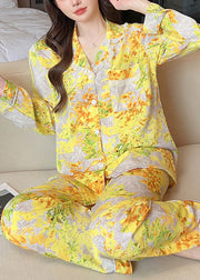 Chic Yellow Print Button Ice Silk Two Pieces Set Long Sleeve