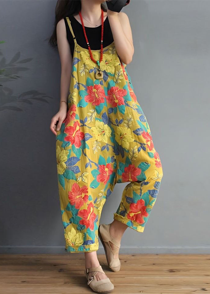 Chic Yellow Print High Waist Cotton Jumpsuit Sleeveless