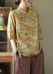 Chic Yellow Print Tie Waist Shirts Half Sleeve