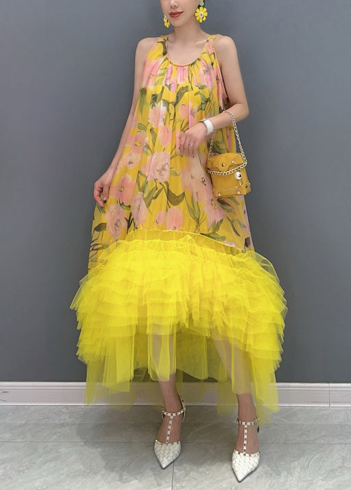 Chic Yellow Print Tulle Patchwork Long Dress Sleeveless