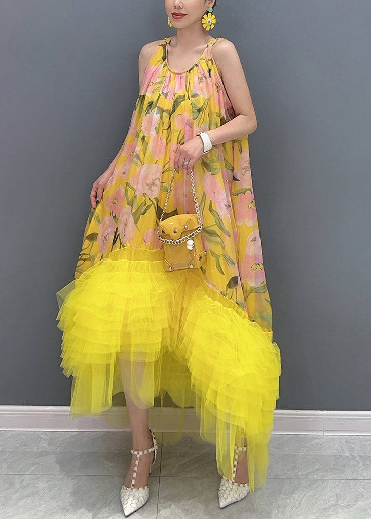 Chic Yellow Print Tulle Patchwork Long Dress Sleeveless
