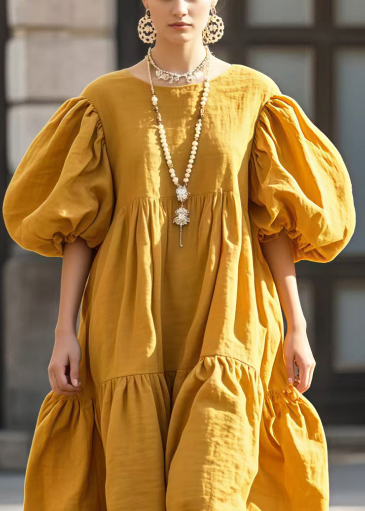 Chic Yellow Puff Sleeve Oversized Cotton Vestidos Dress