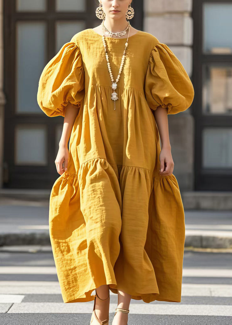 Chic Yellow Puff Sleeve Oversized Cotton Vestidos Dress