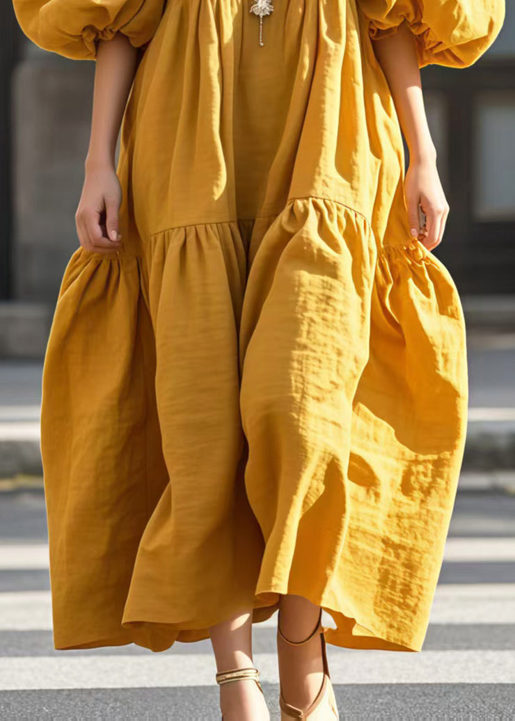 Chic Yellow Puff Sleeve Oversized Cotton Vestidos Dress