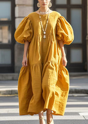 Chic Yellow Puff Sleeve Oversized Cotton Vestidos Dress