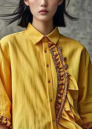 Chic Yellow Ruffled Button Linen Shirt Butterfly Sleeve