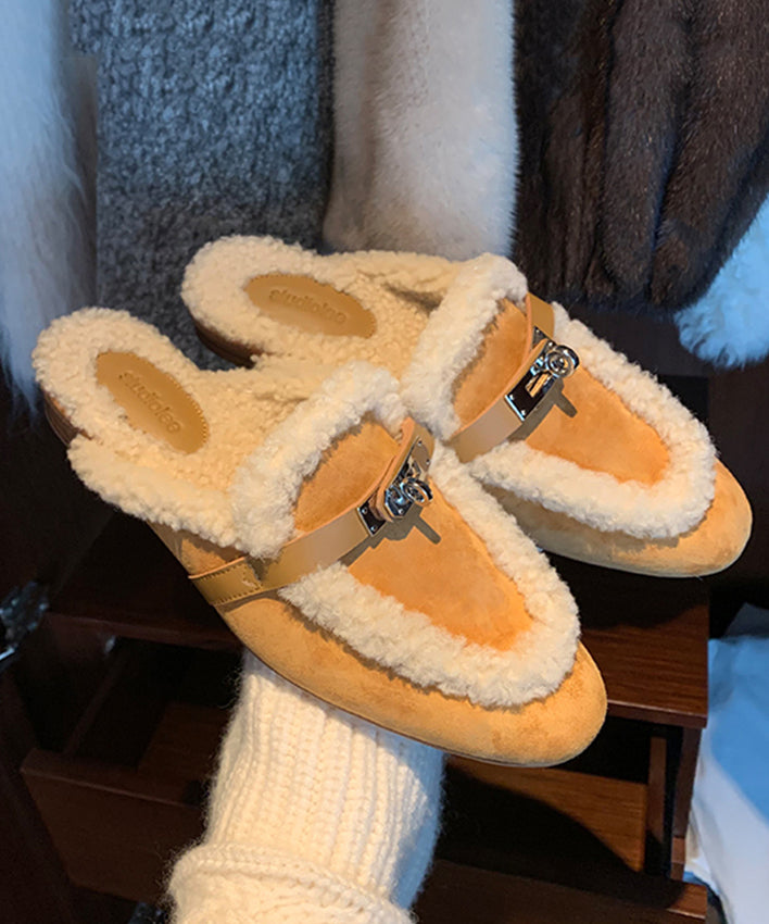 Chic Yellow Slippers Shoes Splicing Fuzzy Wool Lined