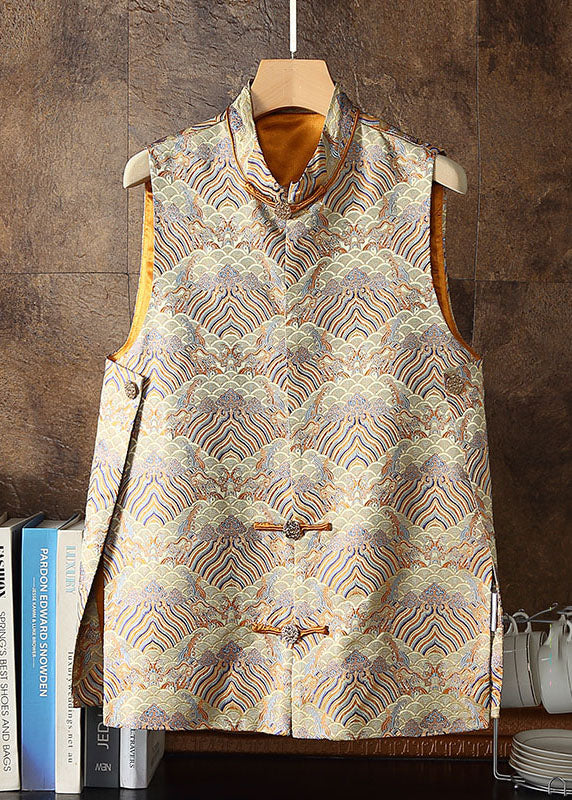 Chic Yellow Stand Collar Embroideried Side Open Silk Vest Sleeveless