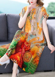 Chic Yellow Stand Collar Print Patchwork Silk Dress Summer