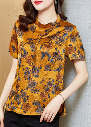 Chic Yellow Stand Collar Print Tassel Oriental Silk Shirts Short Sleeve