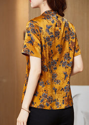 Chic Yellow Stand Collar Print Tassel Oriental Silk Shirts Short Sleeve