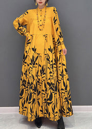 Chic Yellow Stand Collar Print Wrinkled Button Maxi Dresses Long Sleeve