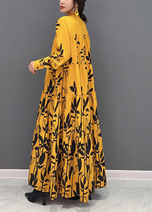 Chic Yellow Stand Collar Print Wrinkled Button Maxi Dresses Long Sleeve