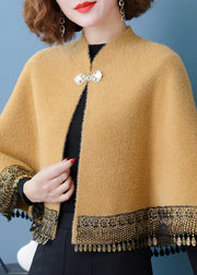 Chic Yellow Stand Collar Tasseled Pockets Patchwork Mink Velvet Coats Fall