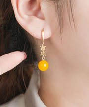 Chic Yellow Sterling Silver Overgild Inlaid Spheroidal Beeswax Drop Earrings