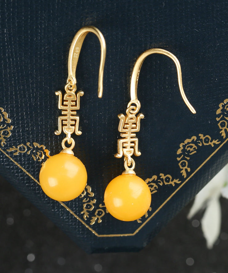 Chic Yellow Sterling Silver Overgild Inlaid Spheroidal Beeswax Drop Earrings