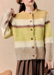 Chic Yellow Striped Button Patchwork Cotton Knit Sweaters Winter