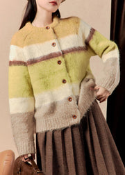 Chic Yellow Striped Button Patchwork Cotton Knit Sweaters Winter