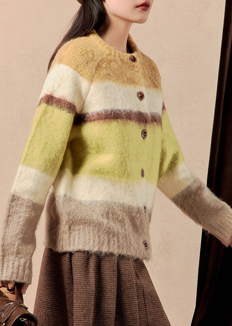 Chic Yellow Striped Button Patchwork Cotton Knit Sweaters Winter