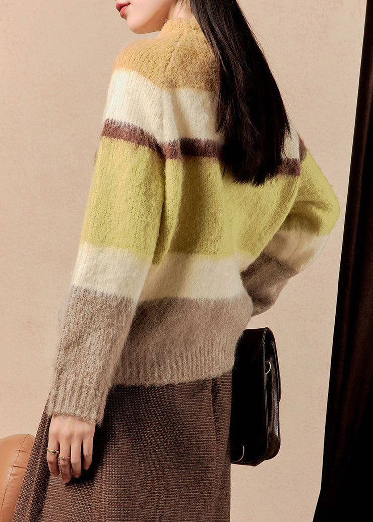 Chic Yellow Striped Button Patchwork Cotton Knit Sweaters Winter