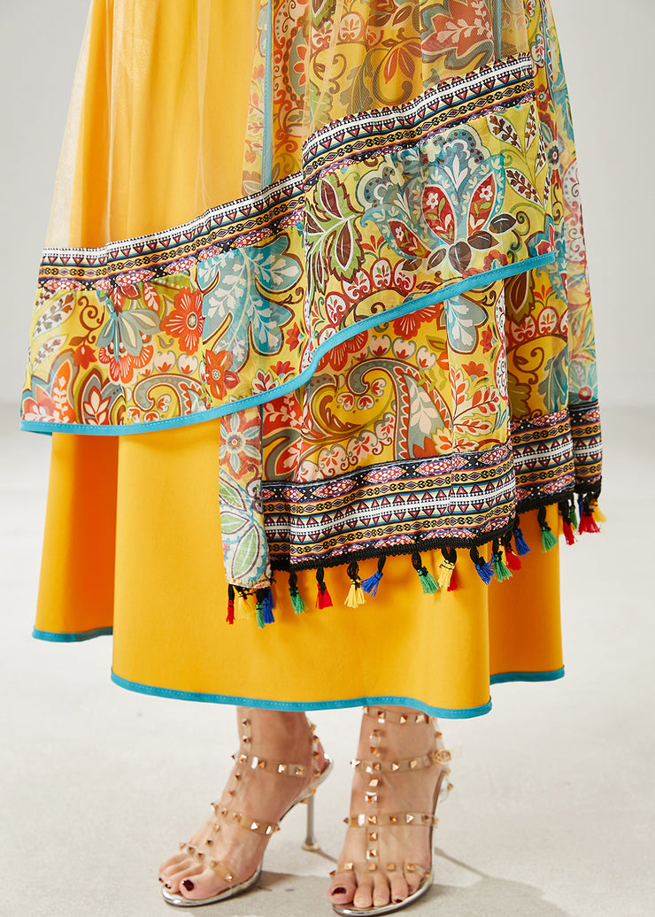 Chic Yellow Tasseled Patchwork Tulle Skirt Summer