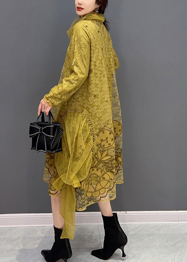 Chic Yellow Turtleneck Embroideried Tulle Holiday Dress Long Sleeve