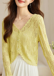 Chic Yellow V Neck Hollow Out Knit Cardigans Summer