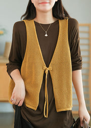 Chic Yellow V Neck Hollow Out Tie Waist Knit Vests Fall